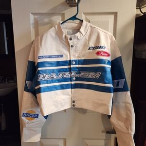 Fashion Nova Cream and Blue Racer Jacket